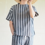 ストライプコットンハイネックTシャツブラウス　オフィスTシャツ グレイ