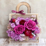 紫のバラと紫陽花のプリザーブドフラワーバッグアレンジメント（クリアケース付き）
