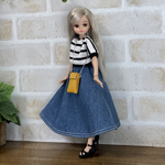 NO,458 リカちゃん服　白黒ボーダーカットソー　ブルーデニム　ふんわりフレアスカート　キャメル　ショルダーバック　オシャレカジュアルコーデ　リアルクローズ