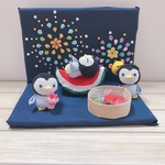 ちりめん細工　ペンギンの夏祭り　花火　
