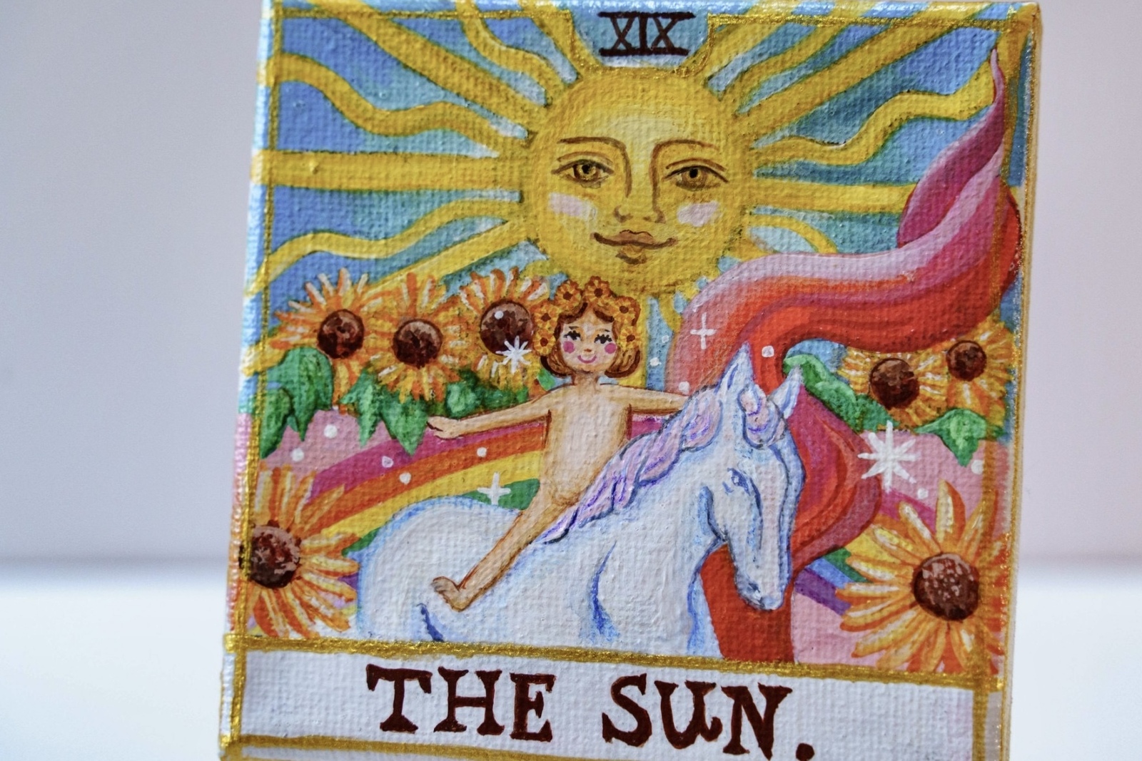 かんちゃん太陽 タロットカード 油絵 原画 手描き 油彩画 タロットカード ”太陽”のカード 手書き ミニキャンバス - WHITE