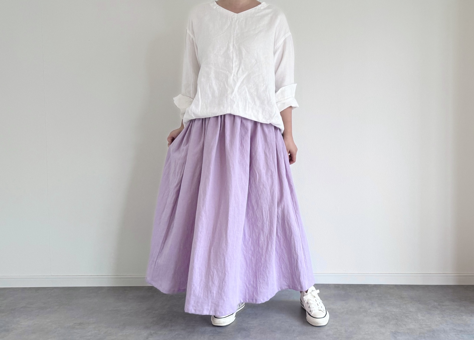 cottonリネンのギャザースカート ラベンダー 5,925円