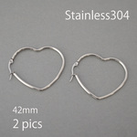 <2個> 42mmステンレス304 金属アレルギー対応 ハートフープピアス シルバー