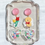 ヴィンテージ ★ひよこ&チューリップ刺繍とカプセルビーズハートのピアス　イヤリング　　昭和レトロ　レトロポップ　ファンシー　大ぶり　ブローチ　個性的　ひよこ　ピンク