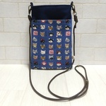 ◆再販◆ 猫図鑑  猫柄 ブルー×帆布 スマホ ポシェット サコッシュ  