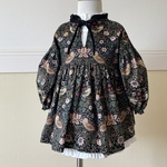 ウィリアムモリス【いちご泥棒】キッズサイズオーダーオフショルダーぽわん袖ワンピース　#ブラック