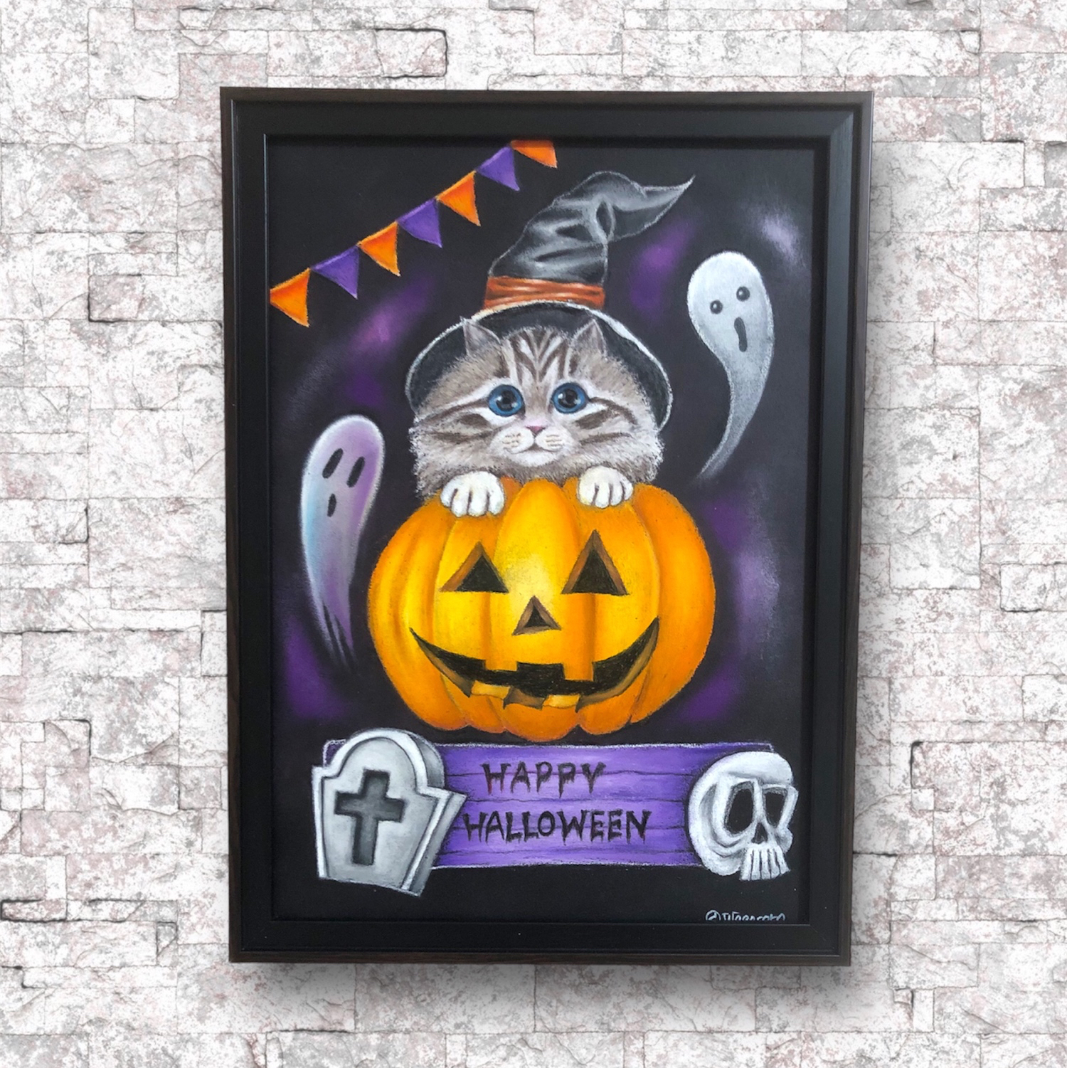 ハロウィン 子猫とジャック・オー・ランタンの絵画ハンドメイドパステル画アート原画 ハロウィン 子猫とジャック・オー・ランタンの絵画ハンドメイド