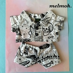 20cmぬいぐるみ服　アメリカンルード柄プリントシャツ★パンツセットアップ(白)