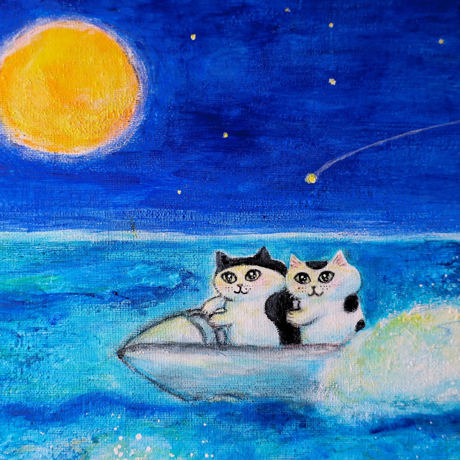 原画「星空の海のモノトーンキャッツ」 F10号 #猫の絵 #ねこ #海 #猫