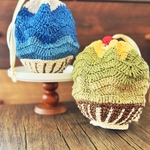 絶品「かき氷」ペーパーラフィア(紙リボン ) かぎ針編み巾着袋　ブルーハワイ/抹茶クリーム/クリームソーダ