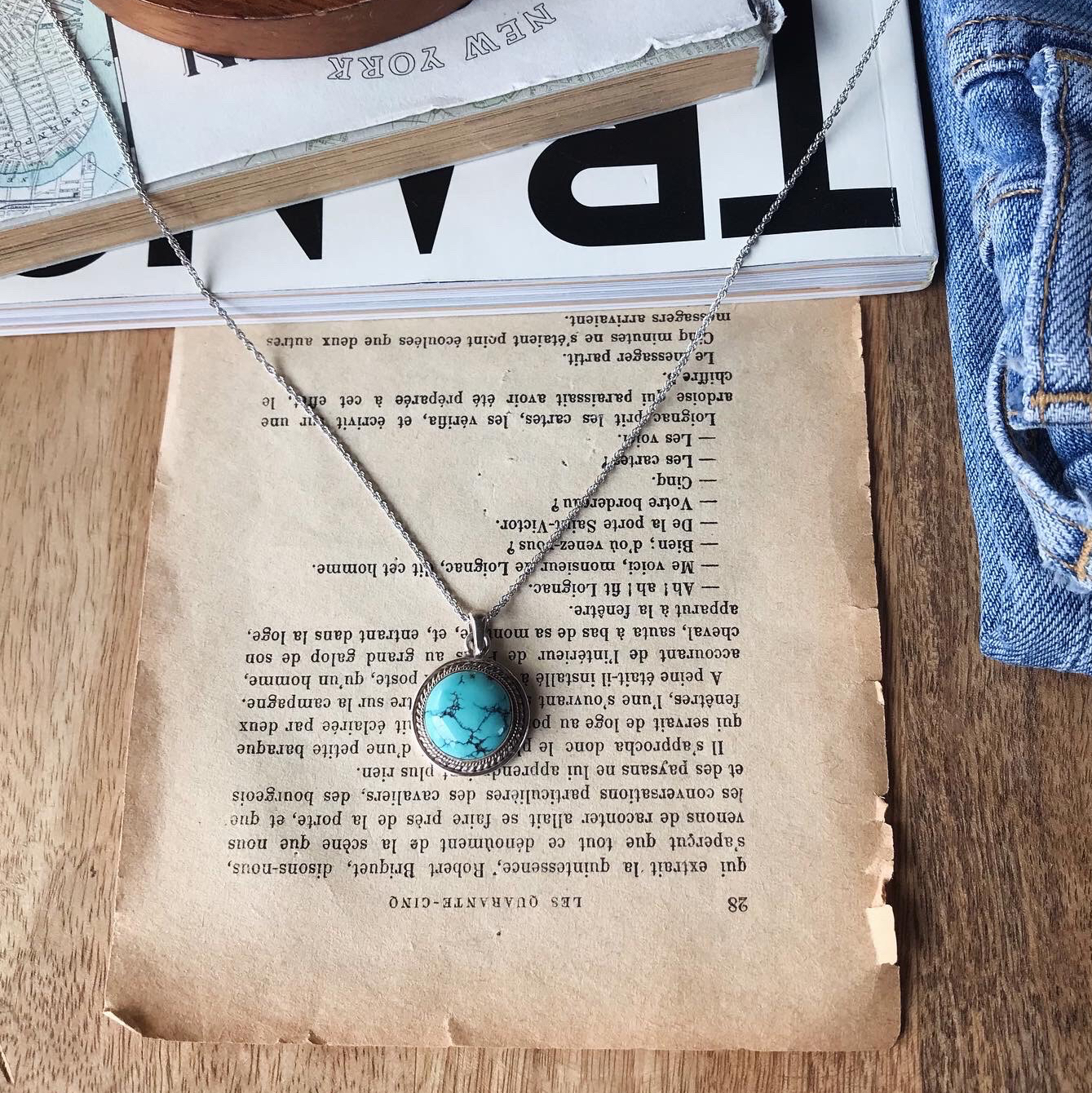 ターコイズの古着風オシャレロングsilverネックレスNo.2♡