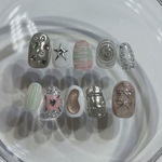 ネイルチップオーダー￤韓国￤ニュアンス￤リボン￤シルバー￤インスピレーション