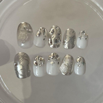 ネイルチップ￤韓国￤ニュアンス￤リボン￤シルバー￤薔薇￤らくがき