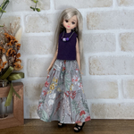 NO,459 リカちゃん服　秋の草花　ボタニカル　ティアードスカート　バイオレット　トップス　オシャレネックレス　秋一番コーデ