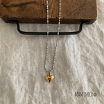 オールステンレス製 ボールチェーンネックレス ゴールドハートチャーム付き  ライスボール型ボールチェーン バイカラー 付けっぱなしOK!!