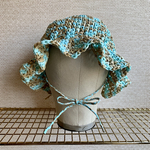 カラフルフリルハット✳︎Frill Hat✳︎サマーハットブリムがフリフリの帽子✳︎ペイパーヤーンハット✳︎水色系✳︎Light blue×brown✳︎あごしたリボン付