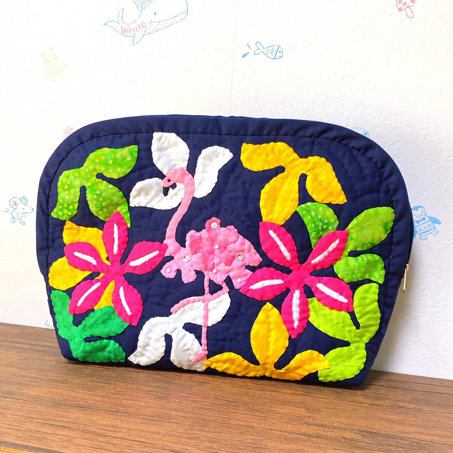 おしゃれフラミンゴのハワイアンキルトバッグ ハンドメイド