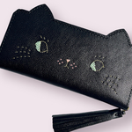 【受注制作】ねこのお顔 ビーズのお目々ver.　ミントグリーンの目 黒猫 ぺたんこ長財布　牛ソフトヌメ革