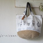 北欧生地　野花のお絵かき　麻ヒモかごバッグ　ショルダー可　　ＭＬ