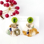 秋色ガラスのインド刺繍耳飾り-olive mustard-