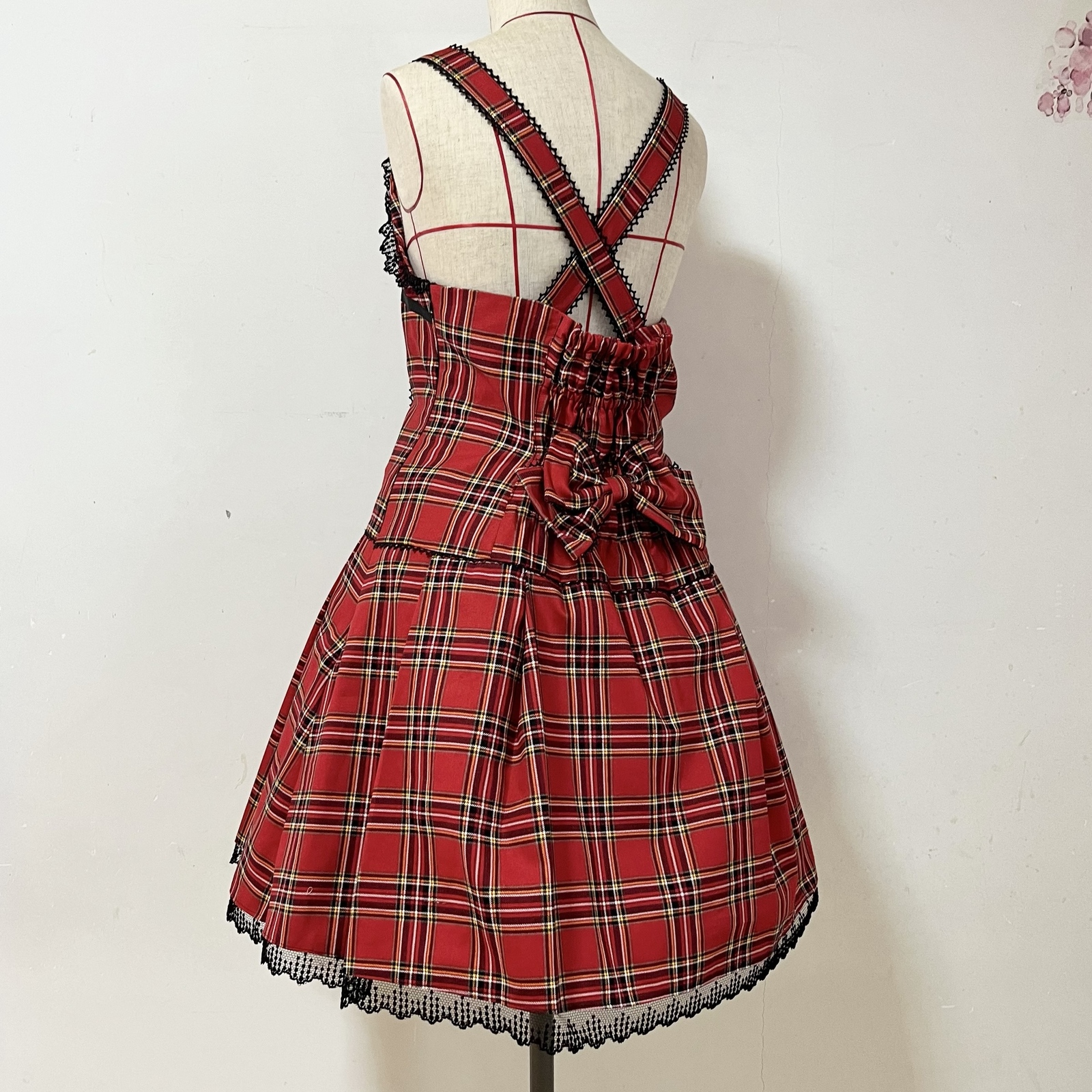 タータンチェック プリーツジャンパースカート 赤×黒レース ロリィタ