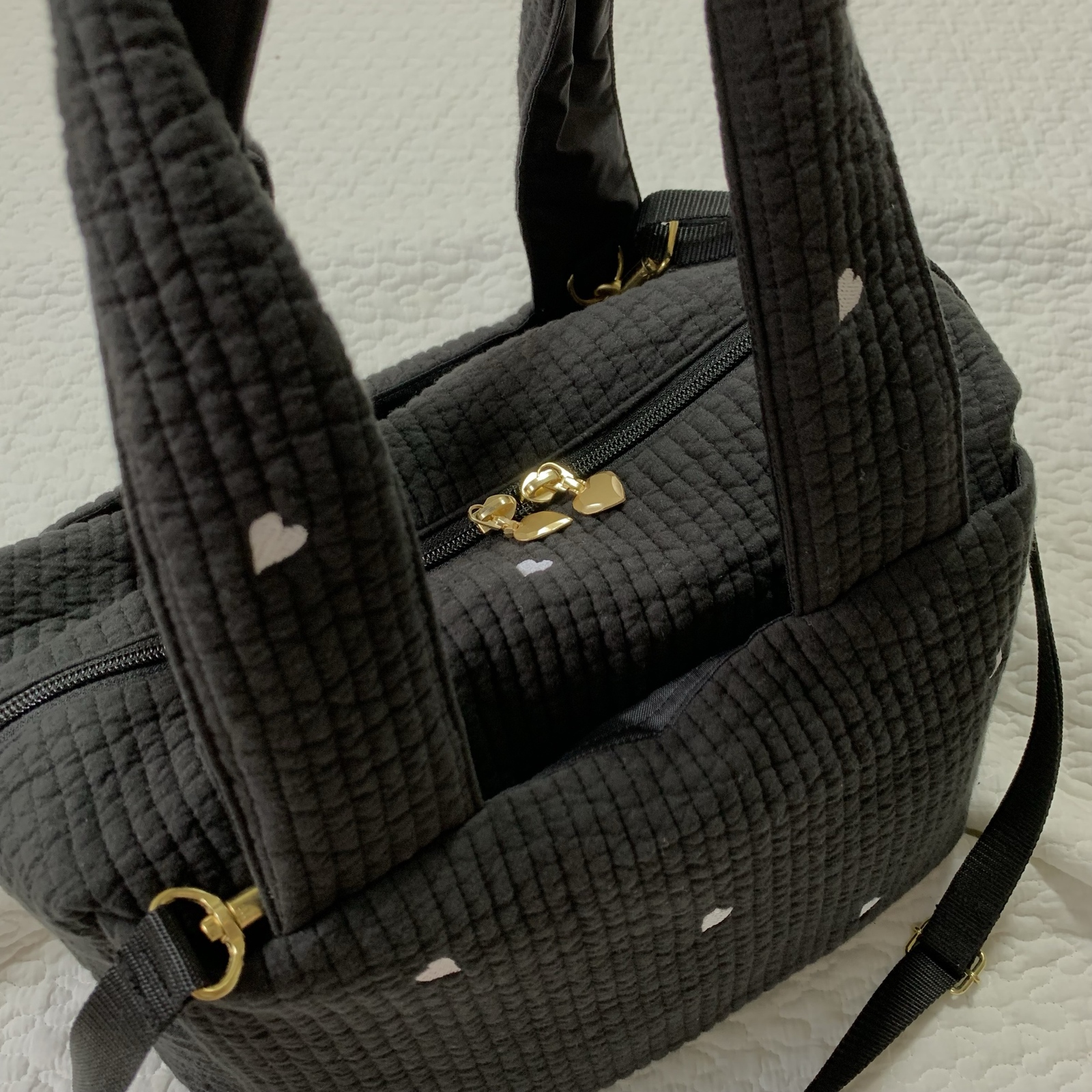 Lサイズ mini heart ブラック×ホワイト2wayマザーズバッグ ヌビバッグ