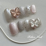 ★大人気★No.16 ピンクホワイトネイル ガーリーネイル マグネット 蝶々 ミラーフレンチ ニュアンスネイル