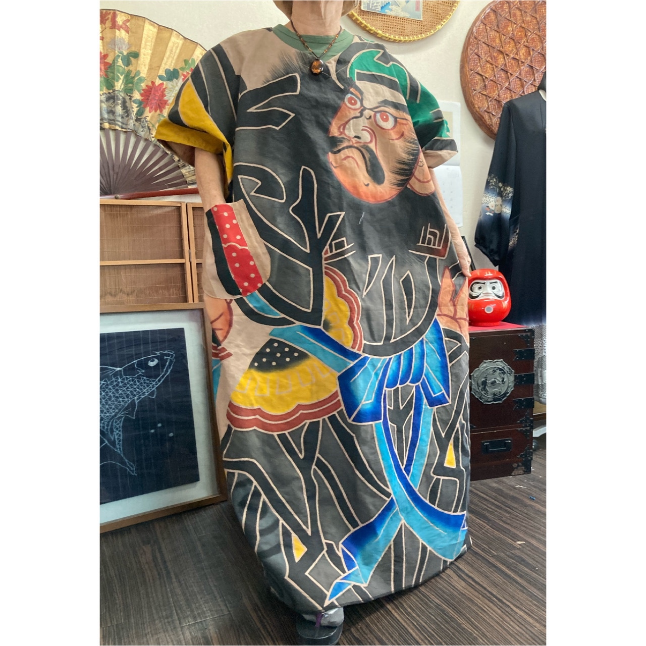 金太郎のぼり旗リメイクワンピース 柿渋染め のぼり旗 ワンピース 古布リメイクのぼり旗コート作家一点