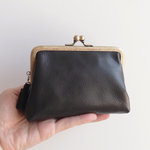 Qさま専用　親子がま口財布・小物入れ　牛革レザー　BLACK　アンティーク調