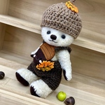 残暑見舞いSALEハンドメイド　一足お先に秋🍂どんぐりベレー帽&サロペット着たテディベア風クマちゃん🐻‍❄️ぬいぐるみ　F86