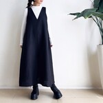 VカットAラインジャンパースカート　*  Linen素材　Black *