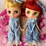 デニム風×白花柄ロンパース◆薄い青◆ミディブライスアウトフィット◆＊atelier_sao＊