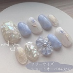 ＼　即日発送　／フリーサイズ　シンデレラブルーのぷっくりフラワー　ネイルチップ　ブライダル　前撮り　成人式【No.093】