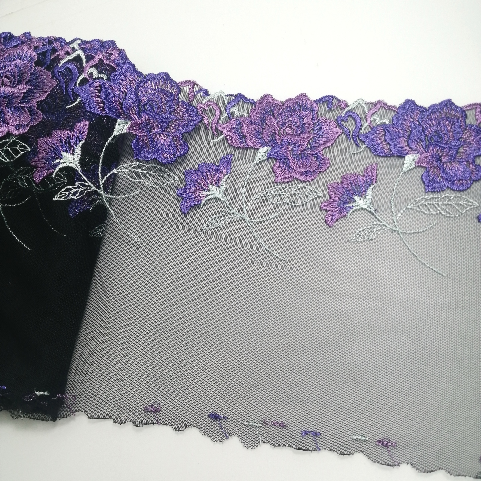 1m 紫色 花柄 刺繡 チュールレース ハンドメイド生地 はぎれ 素材