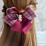 ワインレッドのチェック柄りぼん　フラワー　ヘアクリップ