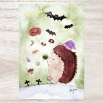 🎃透明水彩画「ハリネズミハロウィン」北欧　イラスト　ポストカード２枚セット 秋 カボチャ　ハロウィン　はりねずみ