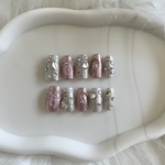 ネイルチップ  ショートバレリーナ リボン キラキラ Y2K ピンク シルバー ミラー ぷっくり