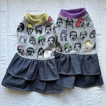 犬服 フェイスタンクトップ フェイス柄 パープル イエローライム  ダックス用 フレブル用 顔柄 フリルスカート デニムスカート