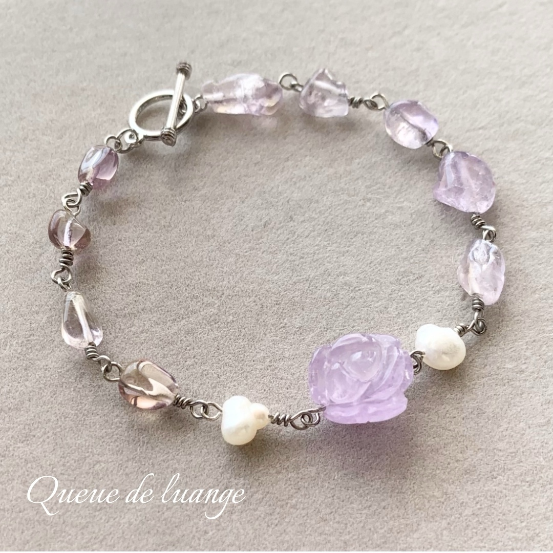 パワーストーン　アメジストの薔薇ブレスレット（イエローアメジスト、アメトリン、淡水パール）