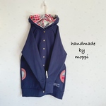 ★ロング丈前開きパーカー★濃紺×パッチワーク柄