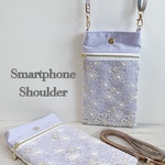 スマホショルダー 刺繍レース×ラベンダー/花 ゴールド お洒落/スマホポシェット スマホポーチ/合皮ショルダーストラップ 調整可能◎/お揃い双子コーデ/ギフト ラッピング プレゼント 母の日 敬老の日