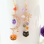 ハロウィン☆かぼちゃと黒猫とジルコニアの三日月と星のピアス