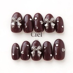 【size order】nailtip ボルドーネイル リボンネイル シンプルネイル ガーリーネイル 秋ネイル 冬ネイル ワンカラーネイル 赤ネイル ちゅるんネイル