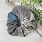 グレイッシュな水色花柄シュシュ✿グレイ＆ターコイズ＆ラビットファー★セール１点限り