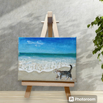  【波打ち際の猫】　絵　小さい絵　アート　猫の絵　海の絵