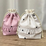 シンプル・上品可愛い♡韓国調プチハート♡巾着袋・コップ袋・給食袋 ベージュorくすみピンク☆フリルありorなし 入園入学2025☆