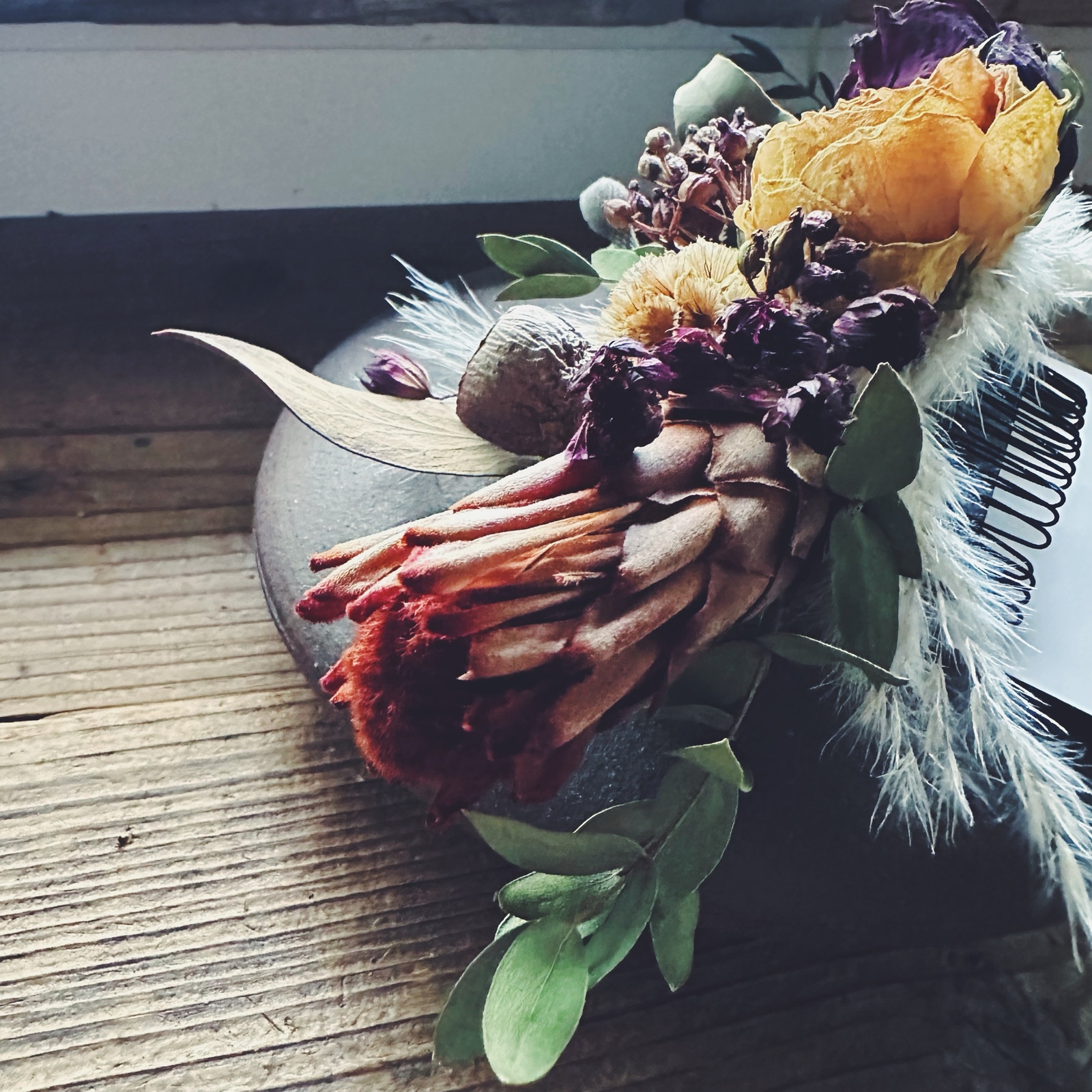 89 Dried flower comb /フラワーコーム青紫 × オレンジ