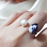 【シックな天然石リング】フォークリング　淡水パール　レピドライト　紫リング　フリーサイズ　オープンリング