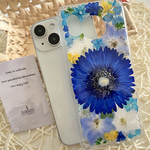 ブルーガーベラとデルフィニウムの押し花スマホケース　全機種対応/iphone/GALAXY/AQUOS/xperia/pixel