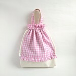 30×25　チェック　フリル　ピンク　持ち手付き・名前タグ付き　巾着　体操服・着替え入れ　上履き入れに！